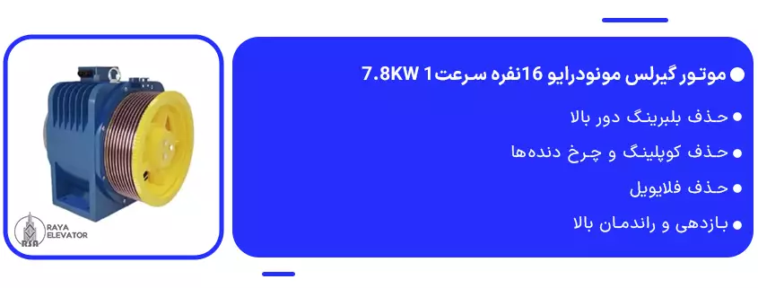 موتور گیرلس مونودرایو 16نفره سرعت1 7.8KW