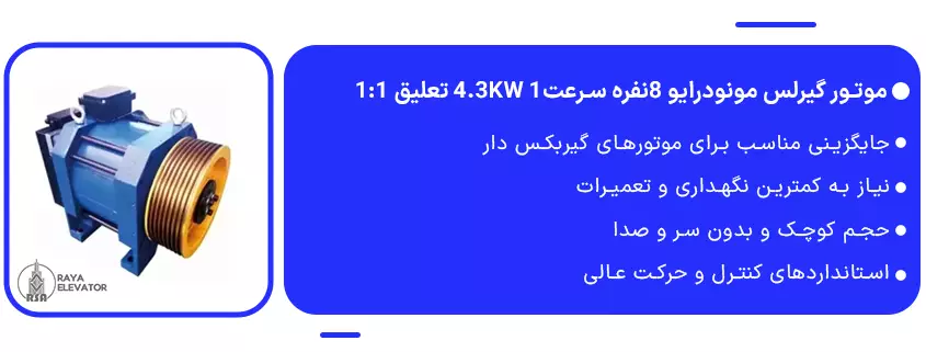 خرید موتور گیرلس مونودرایو 8نفره سرعت1 4.3KW تعلیق