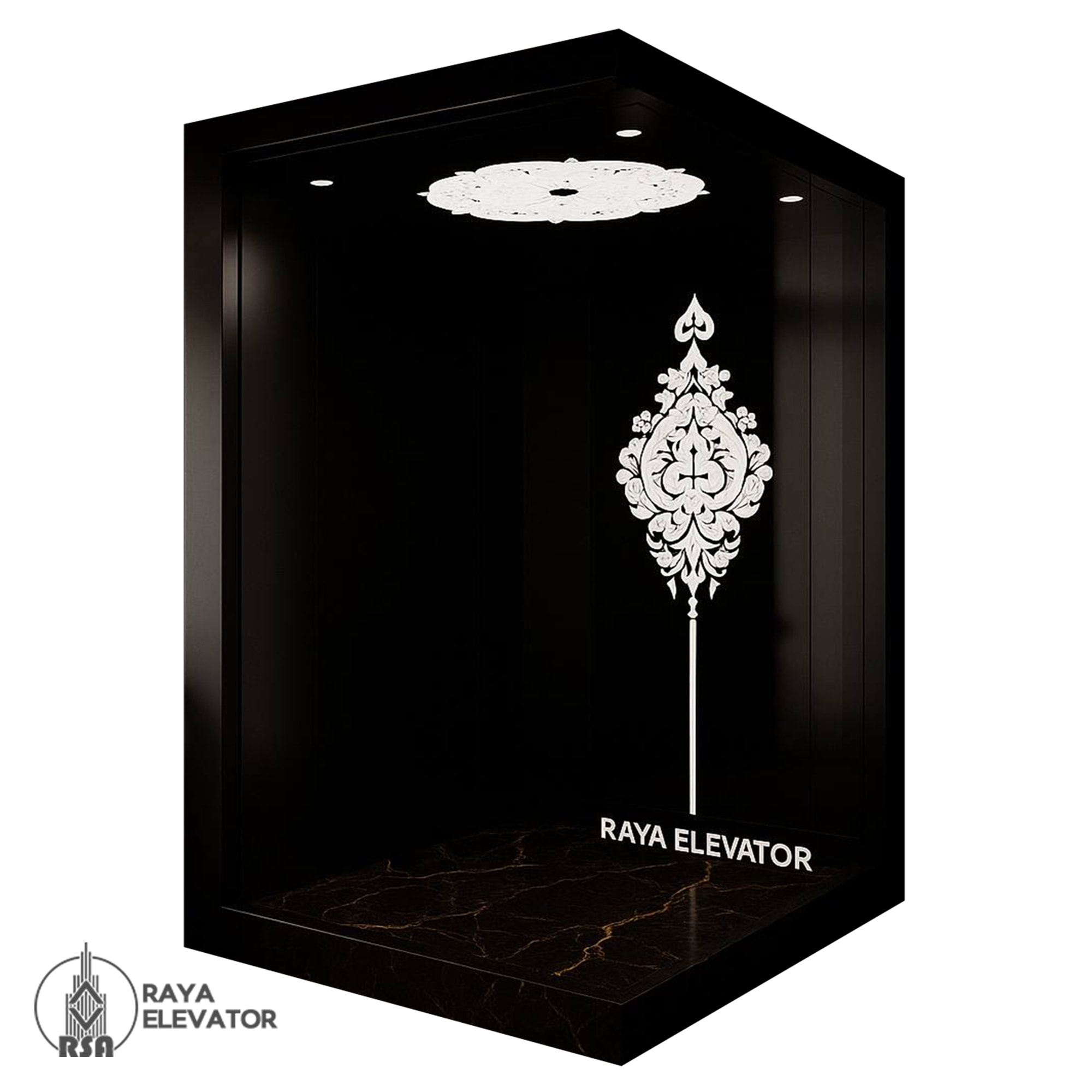خرید کابین آسانسور استیل کد3843 طرح کیمیا مشکی با سنگ گلدن بلک